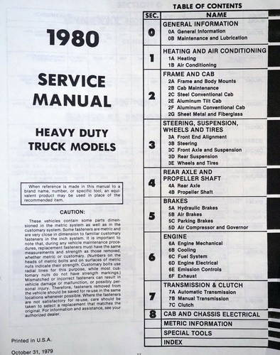 1980 Chevrolet Heavy Duty Truck Service Manual Table of Contents