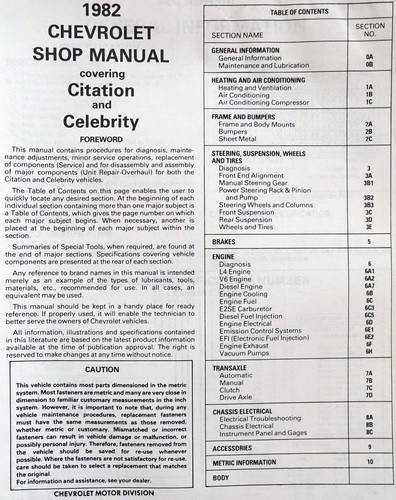 1982 Chevy Citation and Celebrity Shop Manual Table of Contents