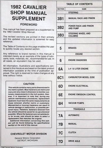1982 Chevy Cavalier Shop Manual Supplement Table of Contents