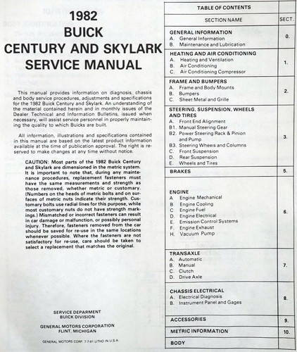 1982 Buick Century and Skylark Service Manual Table of Contents