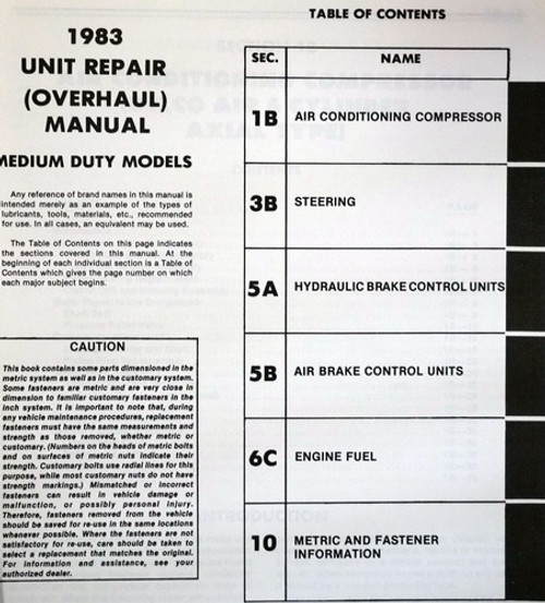 1983 Chevy Medium Duty Truck Unit Repair Manual Table of Contents