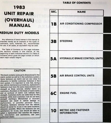 1983 Chevy Medium Duty Truck Unit Repair Manual Table of Contents