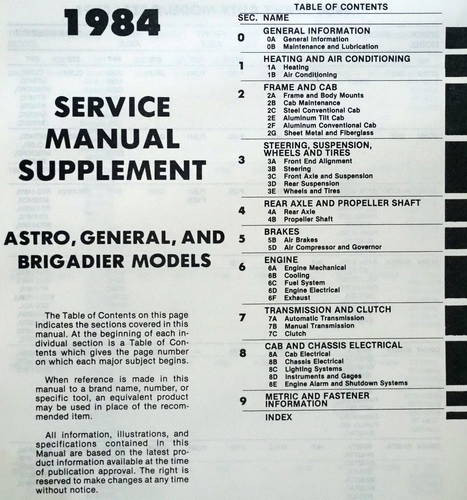 1984 GMC Astro 95 Brigadier General Service Manual Supplement Table of Contents