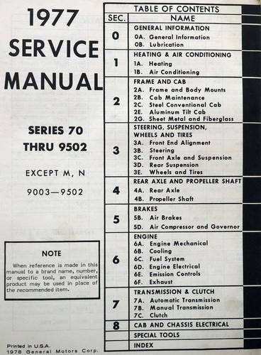 1977 Chevy Heavy Duty Truck Service Manual Table of Contents