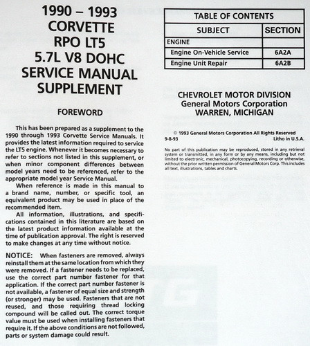 1990-1993 Chevy Corvette RPO LT5 5.7L V8 DOHC Service Manual Supplement