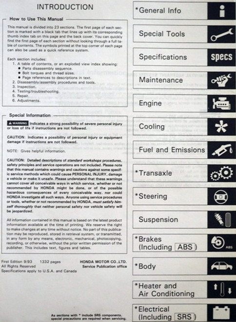 1994 Honda Civic Service Manual Table of Contents