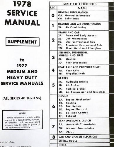 1978 Chevy Medium/Heavy Duty Truck Service Manual Supplement Table of Contents