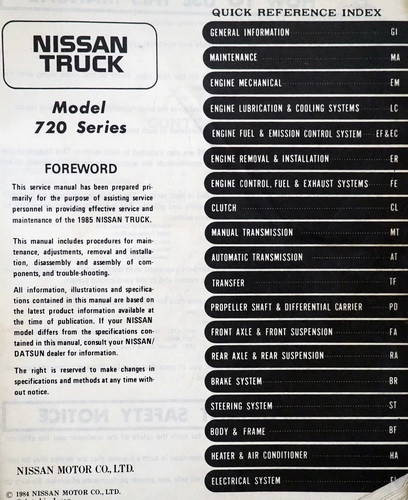 1984 Nissan Truck Model 720 Series Service Manual Table of Contents