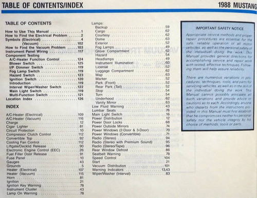 1988 Ford Mustang Electrical and Vacuum Troubleshooting Manual Table of Contents