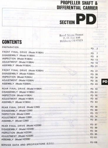 1986 Nissan D21 Truck Final Drive Service Manual Supplement Table of Contents