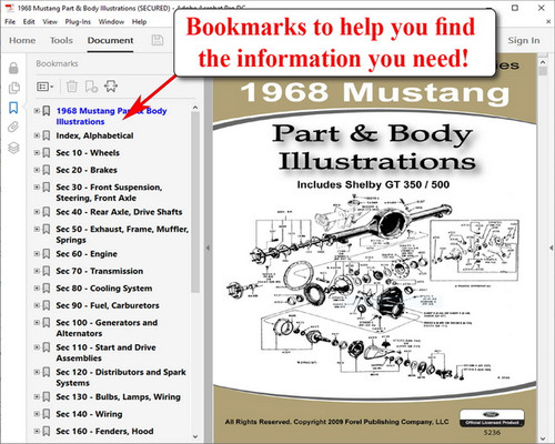 1968 Ford Mustang Part and Body Illustrations on USB