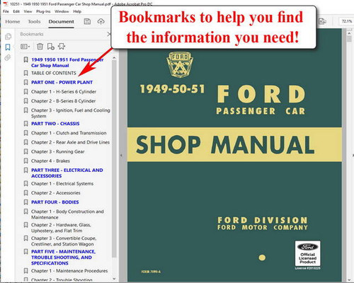 1949 1950 1951 Ford Passenger Car Shop Manual on USB