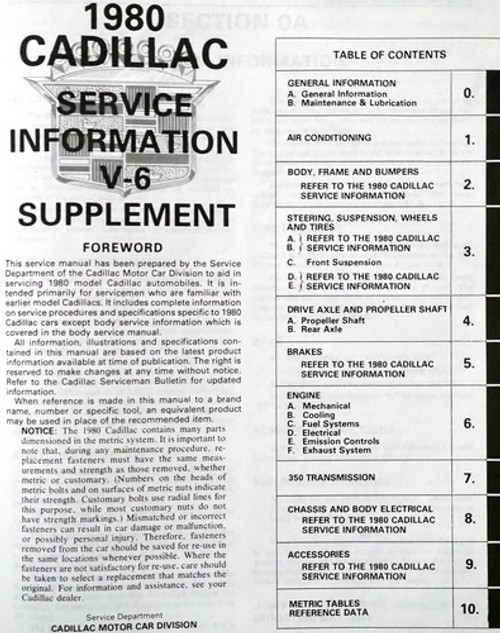 1980 Cadillac V6 Service Manual Supplement Table of Contents
