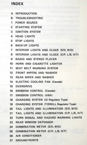 1982 Toyota Corolla Electrical Wiring Diagrams Table of Contents