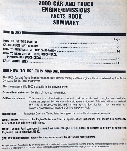 2000 Ford Car & Truck Engine/Emissions Facts Book Summary Table of Contents