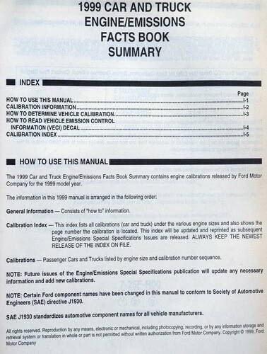 1999 Ford Lincoln Mercury Car & Truck Engine/Emissions Facts Book Summary