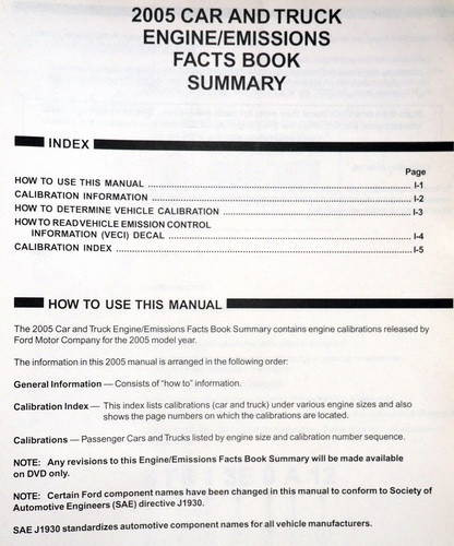 2005 Ford Car & Truck Engine/Emissions Facts Book Summary Table of Contents