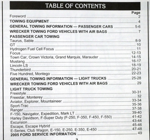 2005 Ford Lincoln Mercury Car and Truck Towing Instruction Manual Table of Contents