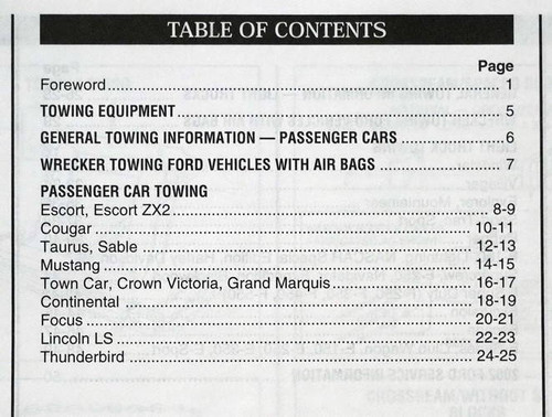 2002 Ford Lincoln Mercury Car and Truck Towing Instruction Manual Table of Contents