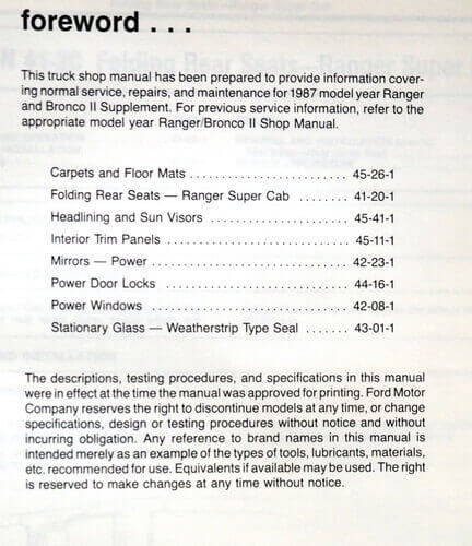 1987 Ford Ranger, Bronco II Shop Manual Supplement
