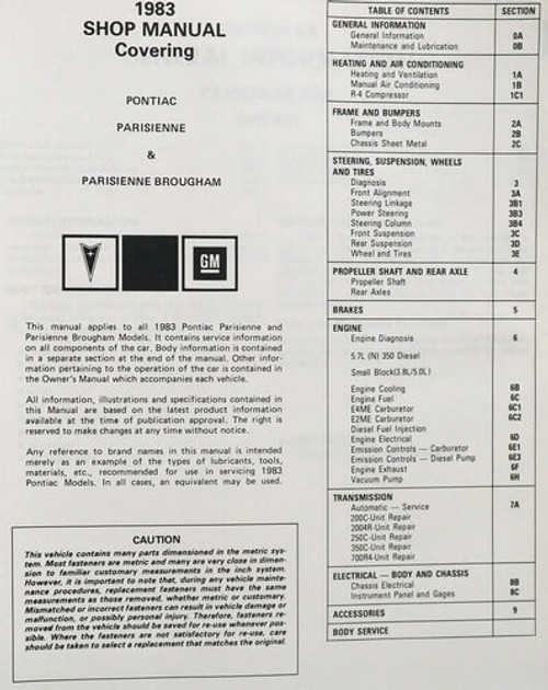 1983 Pontiac Parisienne Service Manual Table of Contents