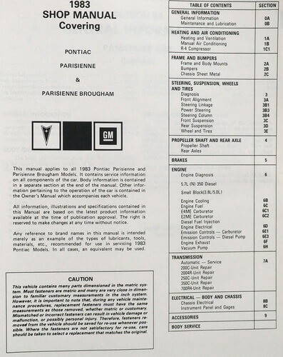 1983 Pontiac Parisienne Service Manual Table of Contents