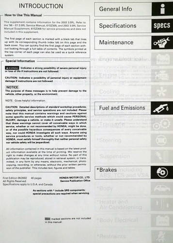 2003 Acura 3.5 RL Service Manual Supplement Table of Contents