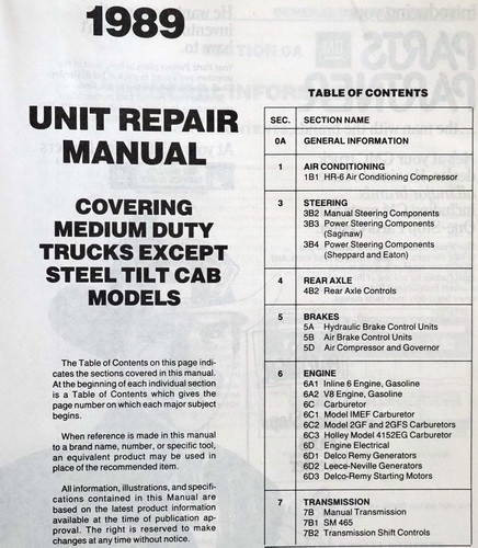1989 GMC Medium Duty Truck Unit Repair Manual Table of Contents