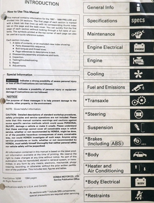1997-1999 Honda Prelude Service Manual Table of Contents
