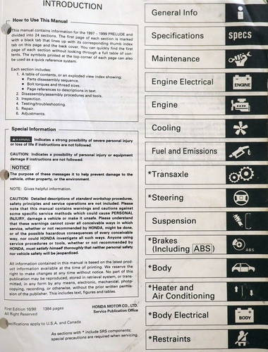 1997-1999 Honda Prelude Service Manual Table of Contents