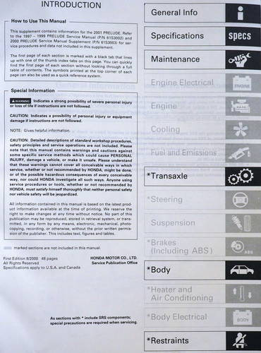 2001 Honda Prelude Service Manual Supplement Table of Contents