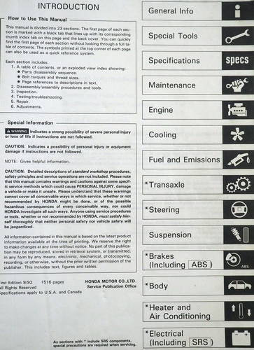 1993 Honda Prelude Service Manual Table of Contents