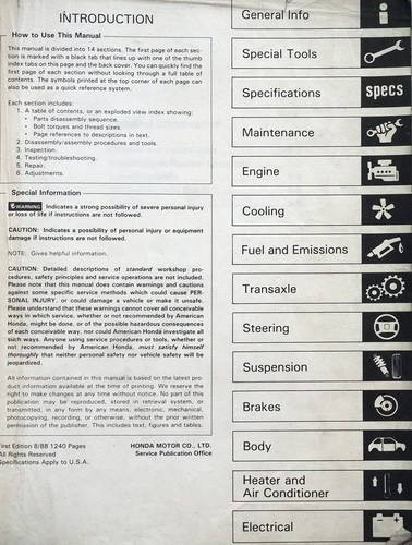 1989 Honda Prelude Service Manual Table of Contents
