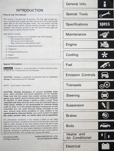 1985 Honda Prelude Service Manual Table of Contents