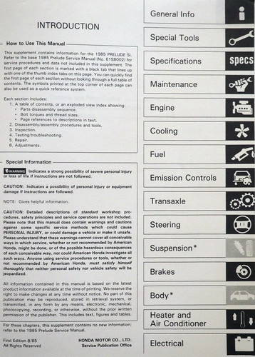 1985 Honda Prelude Si Service Manual Shop Repair Supplement Table of Contents