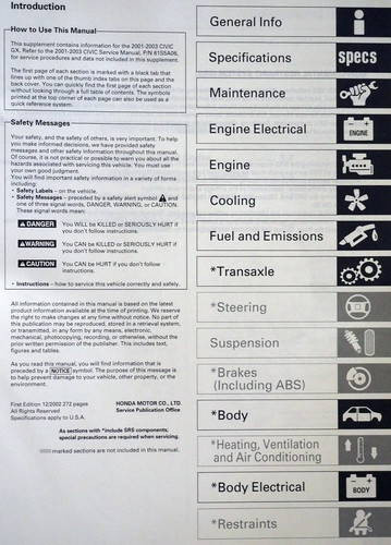 2001-2003 Honda Civic GX Service Manual Supplement Table of Contents