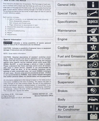 1991 Honda Civic Service Manual Table of Contents
