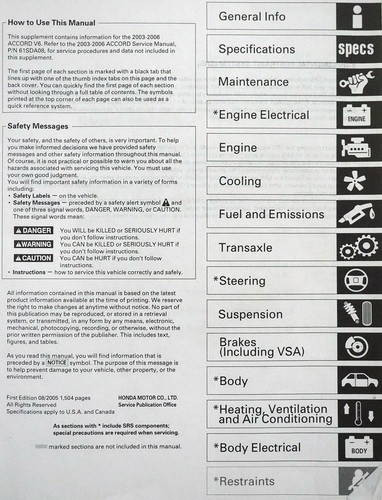 2003-2006 Honda Accord V6 Service Manual Supplement Table of Contents