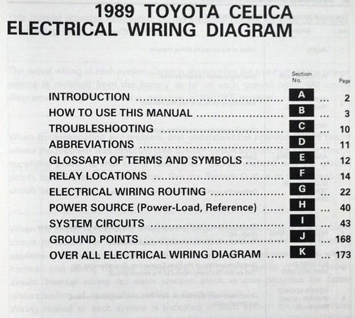 1989 Toyota Celica Electrical Wiring Diagrams Table of Contents