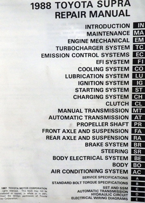 1988 Toyota Supra Repair Manual Table of Contents