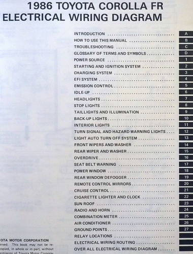 1986 Toyota Corolla FR Electrical Wiring Diagrams Table of Contents
