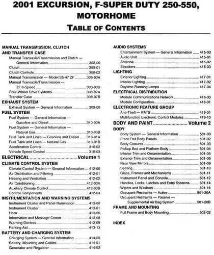 2001 Ford Excursion, F-Super Duty 250, 350, 450, 550, Motorhome Chassis Workshop Manual Table of Contents 2