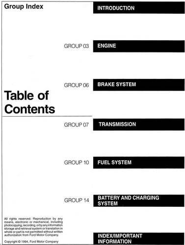 1995 Ford F150 F250 F350 Truck F-Super Duty Bronco Diesel Service Manual Table of Contents
