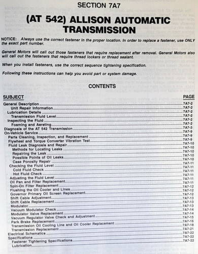 1995 Chevy GMC P3 Allison Auto Transmission Shop Repair Manual Supplement Table of Contents