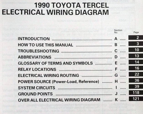 1990 Toyota Tercel Electrical Wiring Diagrams Table of Contents