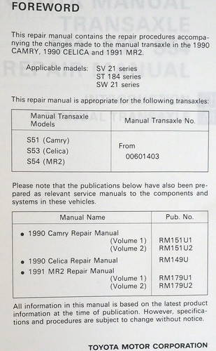 1990 Toyota S51 S53 S54 Manual Transmission Repair Manual