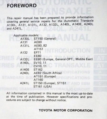 Toyota A130L A131L A132L A140E A140L A240L A241L Automatic Transaxle Repair Manual\n