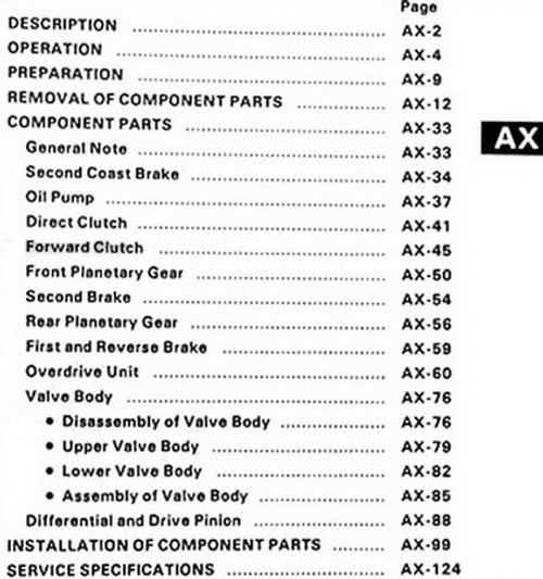 Toyota A140E Automatic Transmission Repair Manual Table of Contents

