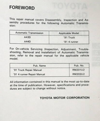 Toyota A43D and A44D Automatic Transmission Repair Manual\n