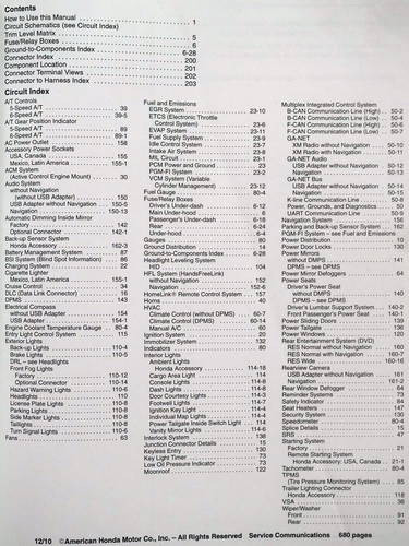 2011 Honda Odyssey Electrical Troubleshooting Manual Table of Contents